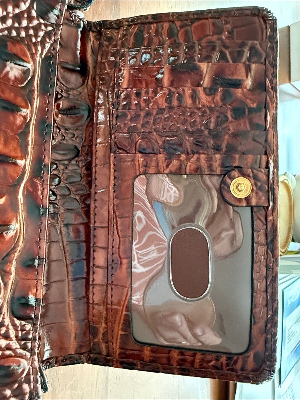 Brahmin Croc-Embossed Leather Wristlet in Rich Brown with Gold Hardware - Picture 6 of 7